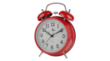 Classic red twin-bell alarm clock with polished chrome accents, perfect for vintage decor