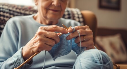 Elderly Woman Knitting in a Relaxed Setting.