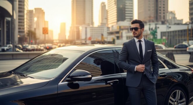 Confident businessman in suit and sunglasses standing beside luxury car in urban cityscape at sunset
