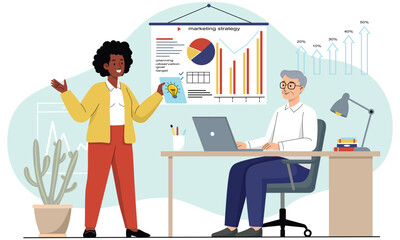 Team Discussing Marketing Strategy with Presentation. Vector illustration
