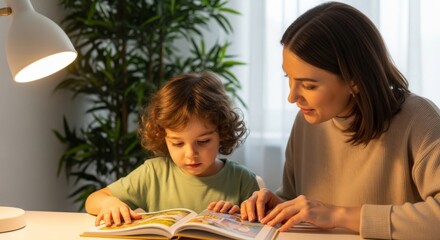 Mother and child reading together in cozy living room ambiance with warm light and indoor plants for family bonding concept