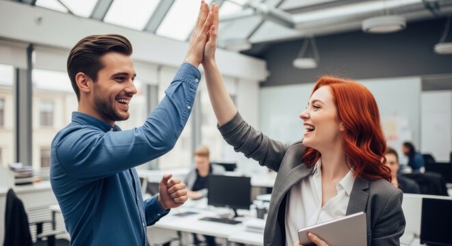 Office teamwork celebration with colleagues giving high five in modern workspace setting