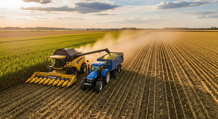 Combine harvester unloading corn into a tractor trailer during the autumn harvest at sunset