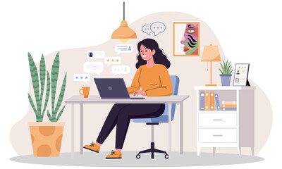 Young woman working online in cozy home office. Vector illustration