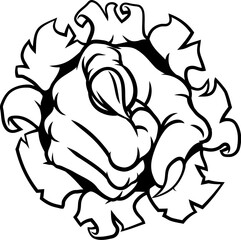 Cartoon Halloween illustration of monster claw hand with sharp nails or talons, pointing directly at viewer.