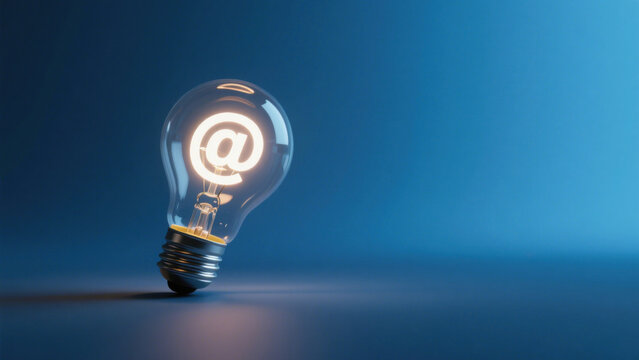 Transparent Incandescent Bulb with Glowing @ Symbol Inside on Gradient Blue Background - Symbolizing Digital Communication and Innovation in Modern Design
