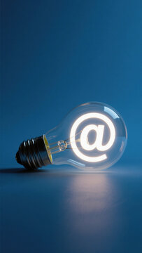 Transparent Incandescent Bulb with Glowing @ Symbol Inside on Gradient Blue Background - Symbolizing Digital Communication and Innovation in Modern Design