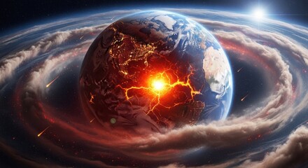 Earth crack with red glow; fire, meteors, smoke in space, bright sun overhead