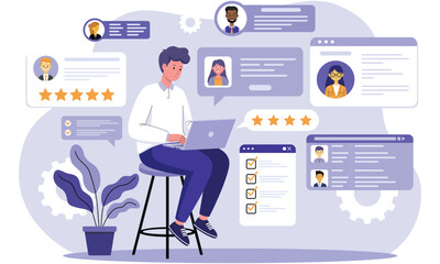 Man working on laptop with rating and profile data. Vector illustration