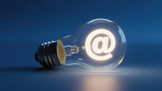 Transparent Incandescent Bulb with Glowing @ Symbol Inside on Gradient Blue Background - Symbolizing Digital Communication and Innovation in Modern Design