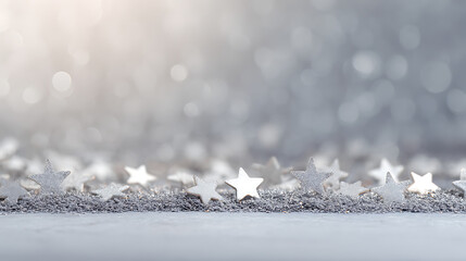 White and silver glitter background with stars, bokeh lights and sparkling silver shimmering texture creating shiny festive white and gray glittery backdrop for elegant decoration