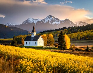 Peaceful church nestled in a vibrant autumn field, mountains in the background