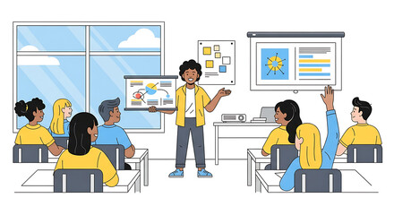 Young presenter engaging a diverse group of students in a collaborative learning workshop and interactive seminar