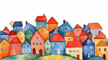 Naklejka premium 94.A cheerful hand-drawn watercolor postcard design showcasing houses in vivid red, blue, green, and orange colors. The houses are arranged in a charming neighborhood scene, with soft, flowing lines