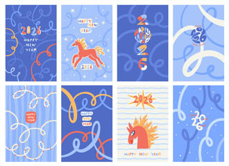 Happy New Year 2026 winter backgrounds set. Hand drawn greeting card poster rectangle templates collection. Serpentine spiral doodle uneven lines stripes pattern. Fire horse cartoon cute illustration