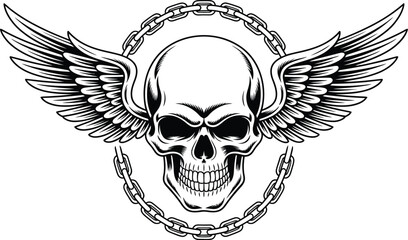 Black and white winged skull with chain emblem wings