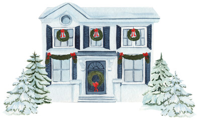 Watercolor illustration of a large beautiful mansion decorated for Christmas. Perfect for winter holiday cards, posters, prints, and festive winter designs.