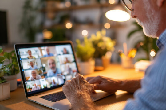 Elderly man on video call with friends