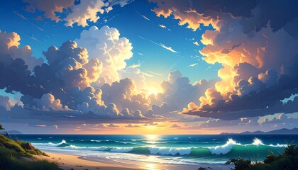 A vibrant sunset over a tropical beach