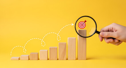 Hand with magnifying glass focuses on a target at the end of wooden block chart showing business growth on yellow background.