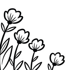 Black and white simple line drawing of stylized flowers and leaves in corner floral bloom