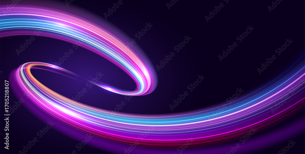 Poster modern abstract high speed movement. dynamic motion light trails on dark blue background. futuristic