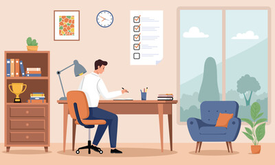 Man Working at Desk with Checklist. Vector illustration