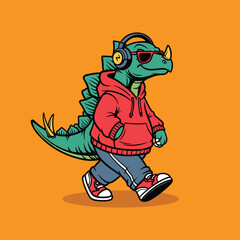 Cool Dinosaur Streetwear Cartoon Hip Hop Dino Character with Hoodie and Headphones Illustration