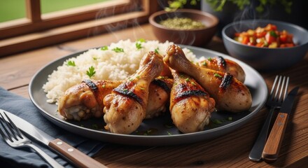 Fototapeta premium Grilled chicken drumsticks with steamed rice and veggies in a cozy rustic kitchen setting for culinary inspiration