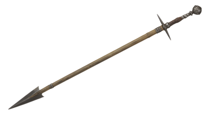 Ancient spear weapon with sharp metal tip and ornate pommel, ready for historical reenactment or display