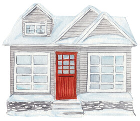 Watercolor illustration of a small cozy house with a snow-covered roof. Ideal for winter cards, posters, prints, and seasonal or festive designs.