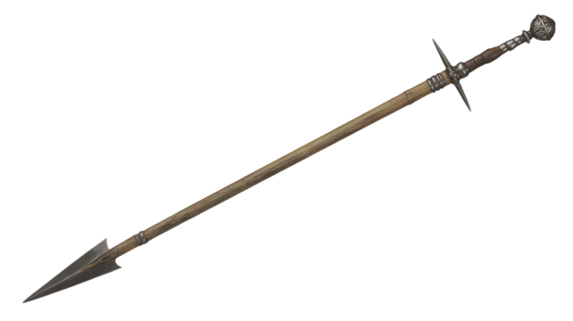 Ancient spear weapon with sharp metal tip and ornate pommel, ready for historical reenactment or display