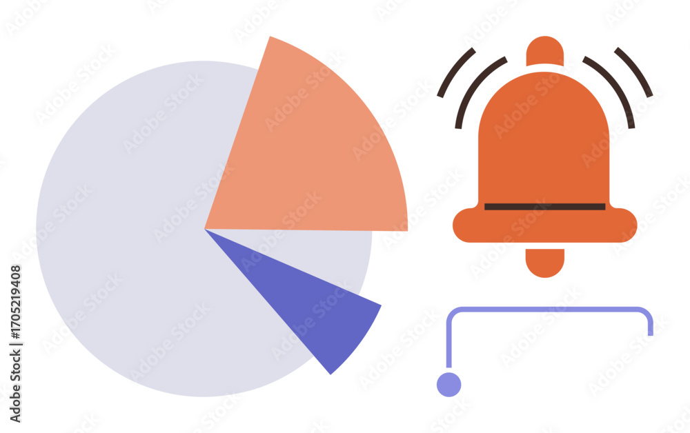 Aufkleber pie chart divided into colored sections paired with a ringing notification bell. ideal for data visu