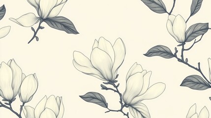 42.A minimalist, hand-drawn seamless pattern of magnolia flowers and leaves, presented in a slightly abstract form. The fine, delicate lines create an elegant and sophisticated design, ideal for use
