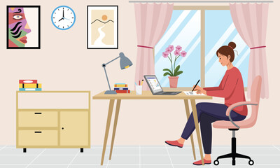Woman Working Remotely from Home Office. Vector illustration