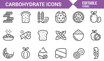 Fototapeta premium Organic carbohydrate icons including wheat, rice, pasta, and healthy produce