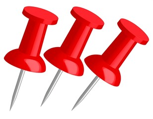 Three red pushpins on a white background
