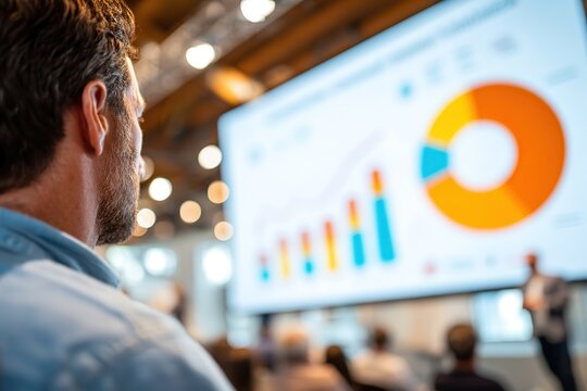 Financial dashboard presentation engages audience during business conference in modern venue