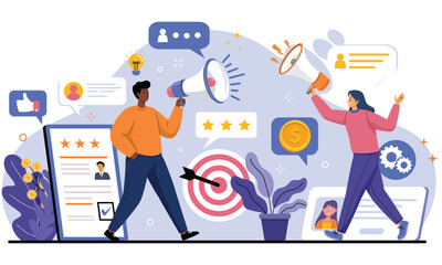 People Promoting Business through Social Media. Vector illustration