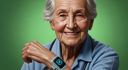 Elderly woman showcasing a smartwatch with a green background, embodying sustainable smart city technology for a healthier lifestyle.