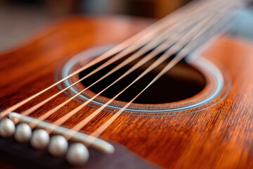 Fototapeta premium Close-up of acoustic guitar strings and sound hole