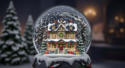 Festive snow globe with victorian house and snow-covered christmas decorations for holiday ambiance and winter wonderland design