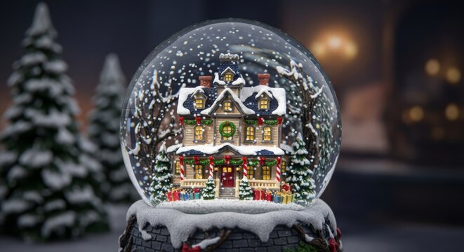 Festive snow globe with victorian house and snow-covered christmas decorations for holiday ambiance and winter wonderland design