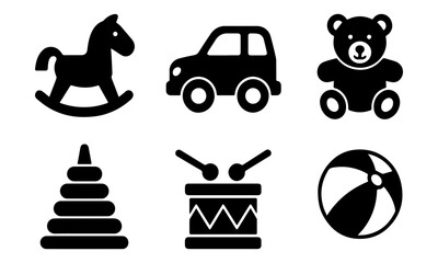 Children&rsquo;s Toys Flat Vector Icon Set &ndash; Rocking Horse, Teddy Bear, Car