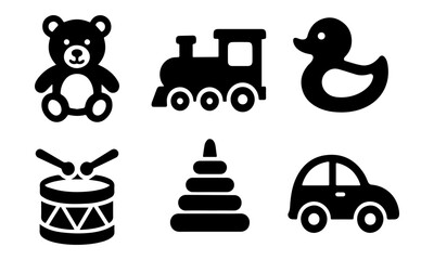 Children&rsquo;s Toys Flat Vector Icon Set &ndash; Rocking Horse, Teddy Bear, Car