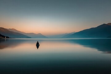 Obraz premium Man meditating in a calm lake at dawn, mindfulness and relaxation concept.
