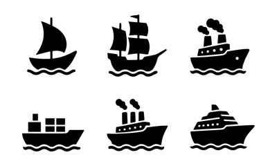 Ships and Boats Flat Vector Icon Set &ndash; Sailboat, Cargo, Cruise Liner