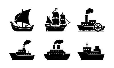Ships and Boats Flat Vector Icon Set &ndash; Sailboat, Cargo, Cruise Liner