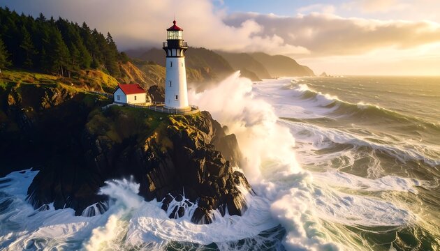 Dramatic lighthouse on a rocky coast during a storm