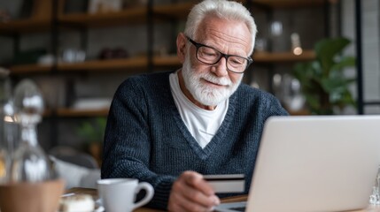 Elderly man online shopping on laptop computer wearing reading glasses in comfortable home office, senior digital commerce and modern convenience concept.